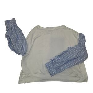 Zara white and blue striped, ruffled peek-a-boo sleeve, cropped top shirt sz Sm